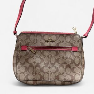 Coach Brown Signature Canvas Crossbody with Pink Trim